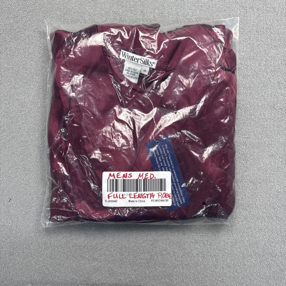 Winter Silks Mens Medium Red 100% Silk Full Length Robe Vineyard Button Front